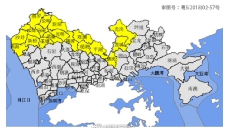 深圳市分區(qū)暴雨黃色預警信號